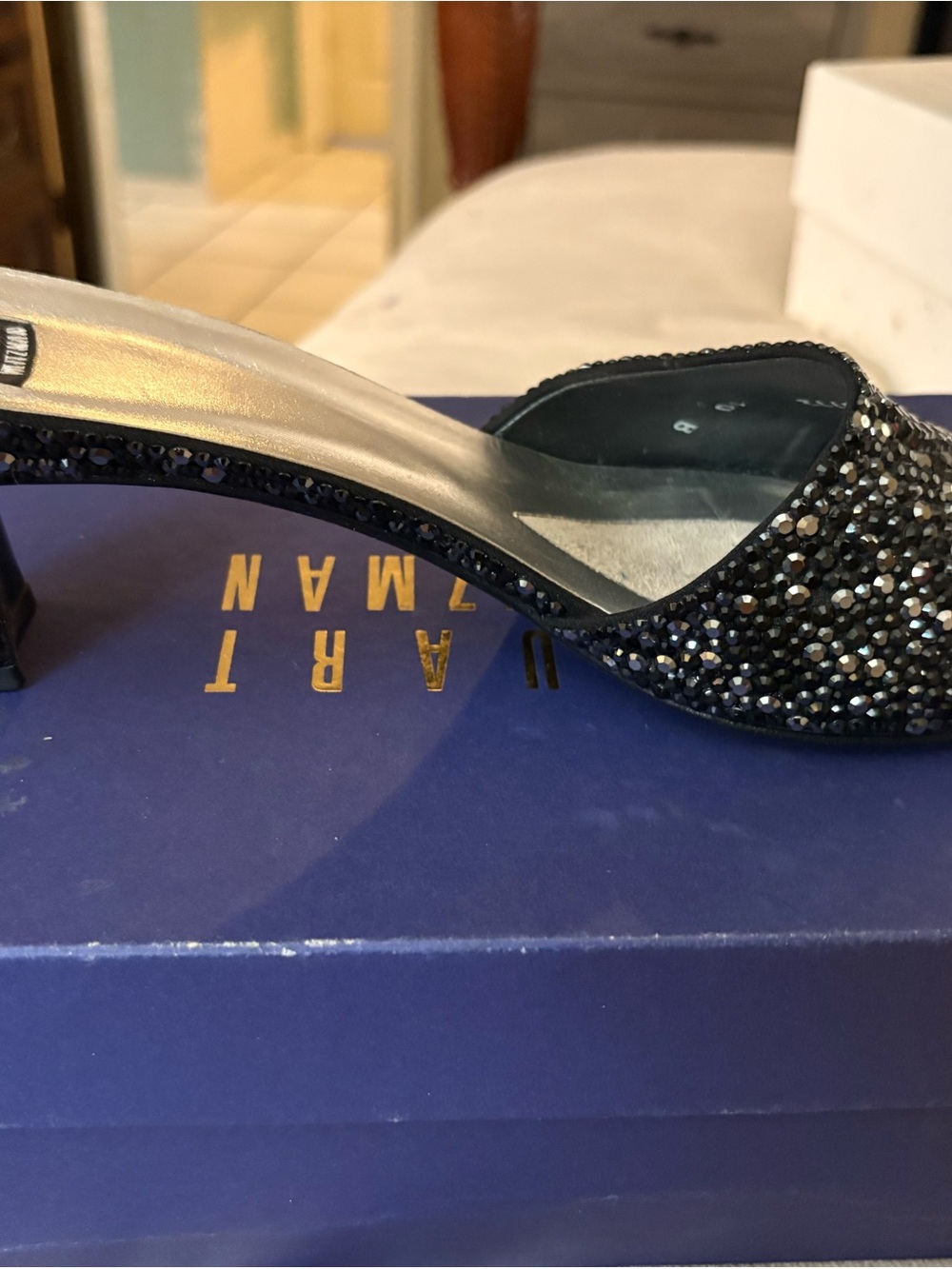 Stuart Weitzman Black Crystal Slip-On Mule